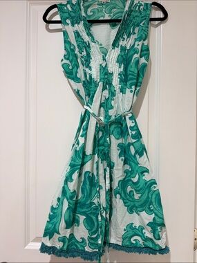 Green Swirl Print Mini Dress - Sleeveless Tie Waist